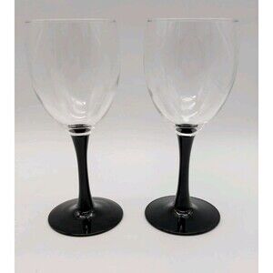2 Vtg Domino Wine Water Goblets 6.75" Black Stem